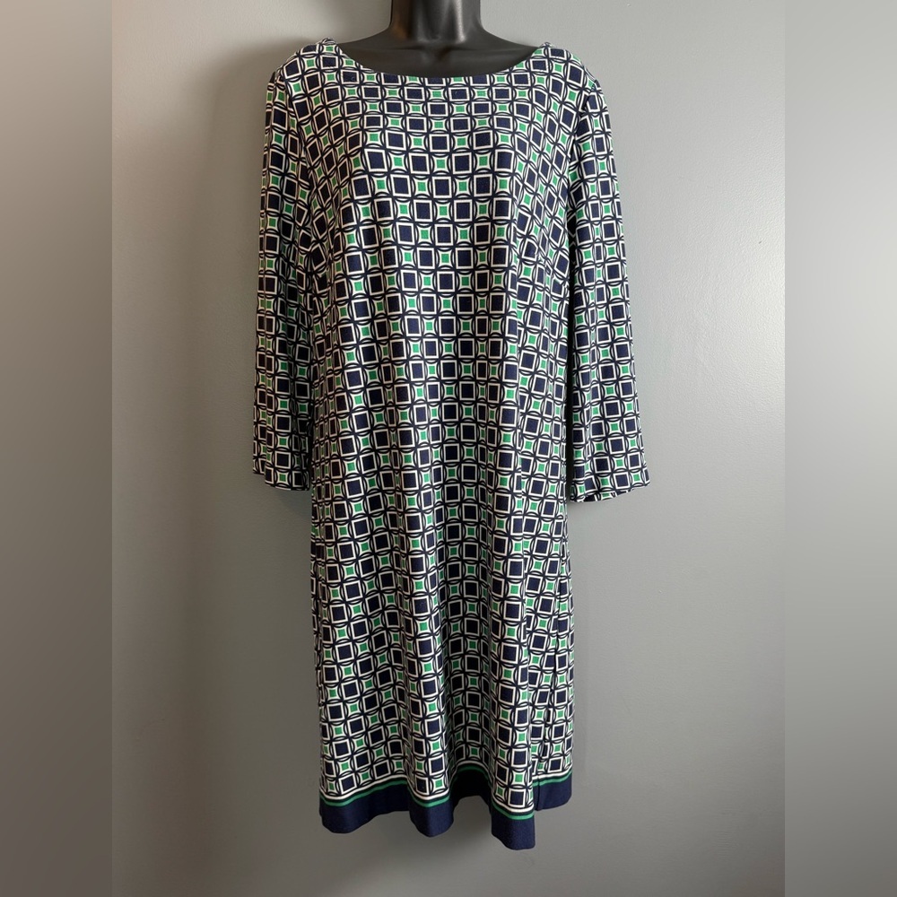 Talbots Blue Green Geometric‎ Stretch Knit Shift Dress Women’s Size 16